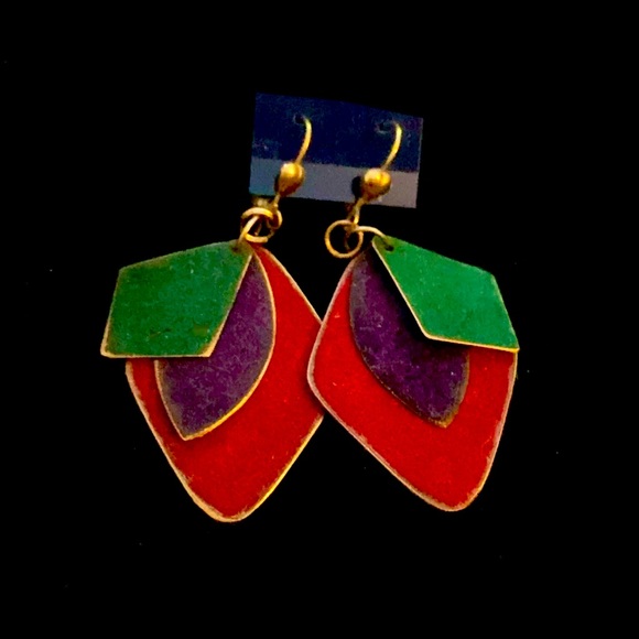 Chic Boho Style Jewel Earth Tone Suede Texture Brass Discs Dangle Earrings - Picture 1 of 2